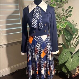 VINTAGE. Navy Blue and Orange Patterned Dress with White Collar